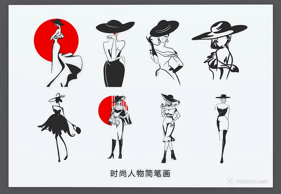 Minimalist Fashion Figure Drawings Hanging Decor with Stylish Women Hats and Red Circle Design 3d model 