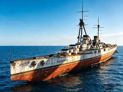 Vintage Warship Floating At Sea With White And Rusty Red Hull Under Clear Blue Sky 3d model