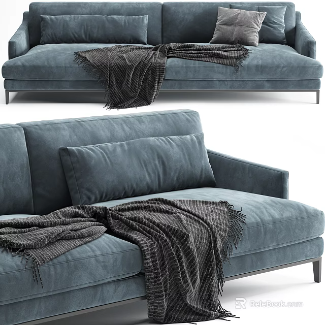 Modern Blue Two Seater Sofa With Gray Blanket And Decorative Cushions In Contemporary Design 3d model 