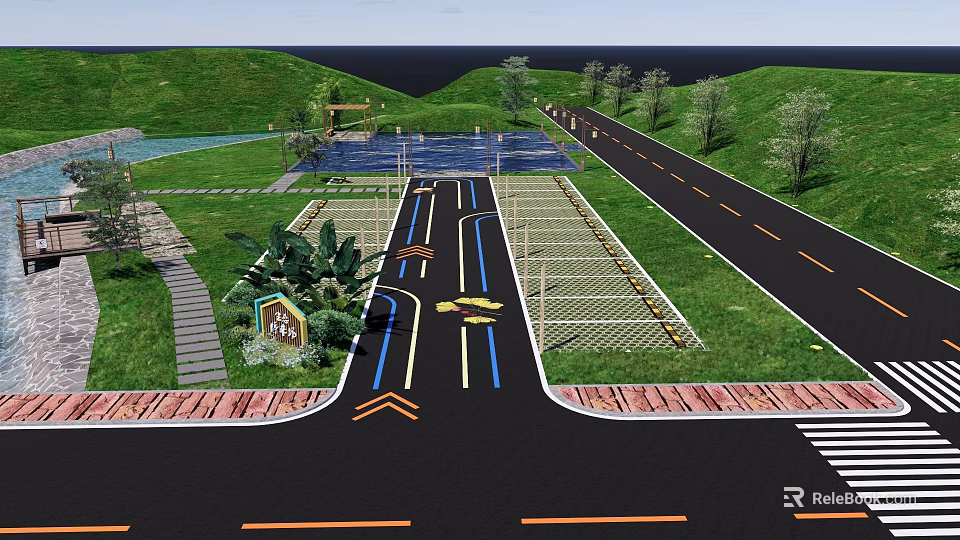 Eco Friendly Parking Lot With Green Grass Trees Pedestrian Paths And Road Markings 3d model 