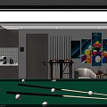 Modern Billiard Room Interior Design With Green Felt Table Ceiling Lights And Colorful Ball Art