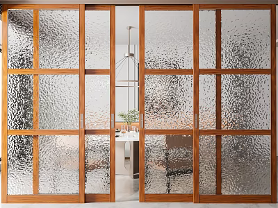 Modern Wooden Frame Sliding Doors With Textured Glass For Interior Space Divider 3d model