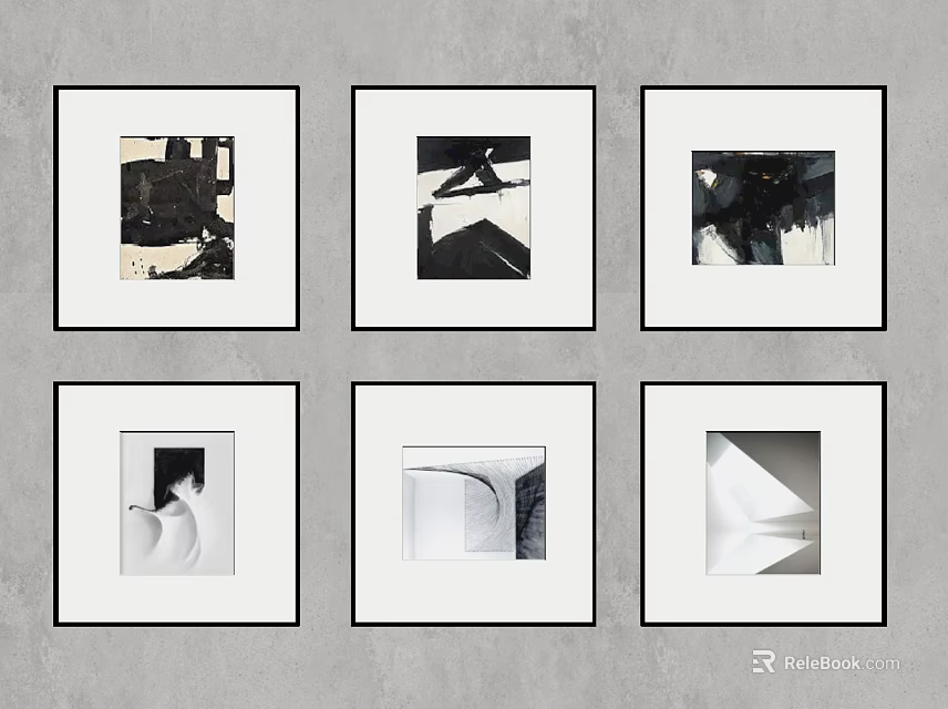 Six Black And White Abstract Artworks In White Frames On Gray Wall 3d model