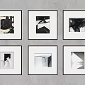 Six Black And White Abstract Artworks In White Frames On Gray Wall 3d model