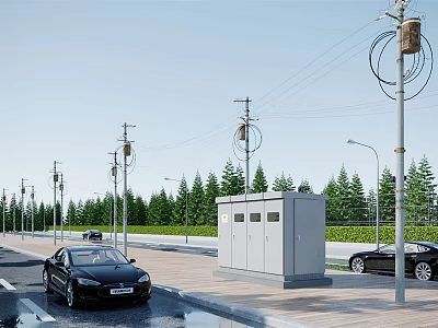 Urban Road Facilities with Street Lights Electrical Cabinets Green Trees and Passing Vehicles 3d model