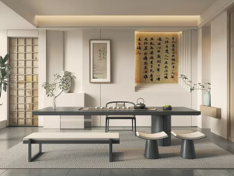 New Chinese Style Tea Room Hanging Painting Tea Table and Chair Decoration Ornaments 3d model