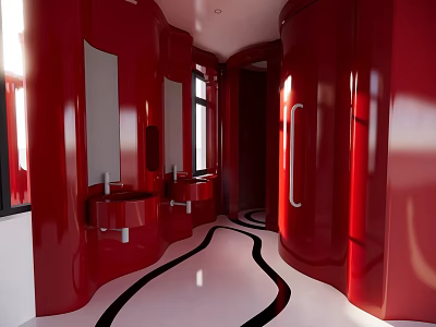 Modern Red Public Restroom With Curved Walls Sinks Mirrors And Black White Wavy Floor 3d model
