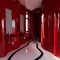Modern Red Public Restroom With Curved Walls Sinks Mirrors And Black White Wavy Floor