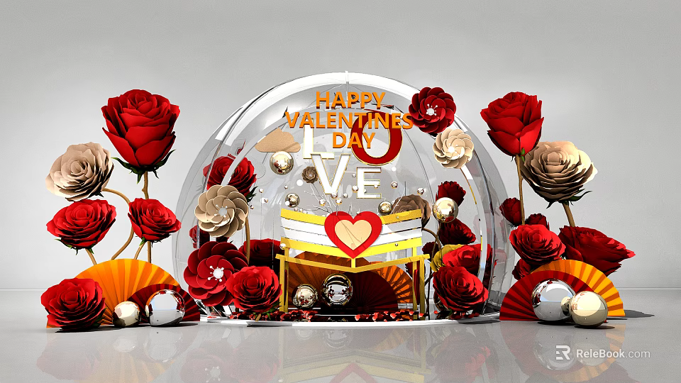 Valentine's Day Decoration Featuring Transparent Dome Red Roses Love Lettering And Heart 3d model 