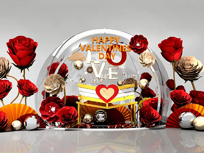 Valentine's Day Decoration Featuring Transparent Dome Red Roses Love Lettering And Heart 3d model