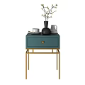 Modern Nightstands In Blue Wooden And Black With Golden Legs And Decorative Vases