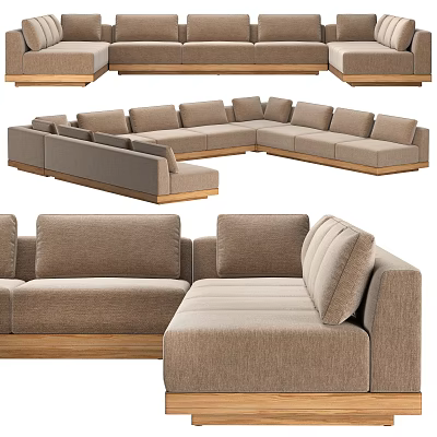 Modern Sectional Sofa For Living Room With Beige Fabric And Wooden Legs 3d model