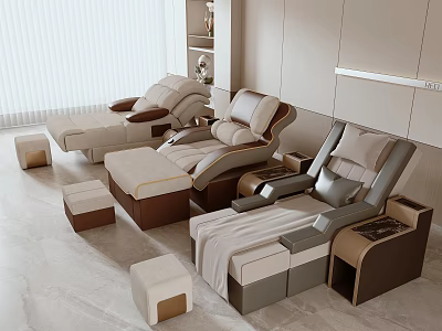 Modern Massage Beds With Footrests And Side Tables In Comfortable SPA Room Design 3d model