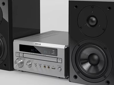 Home Audio Speaker System with Black Speakers Silver Receiver Digital Display Control Knobs 3d model