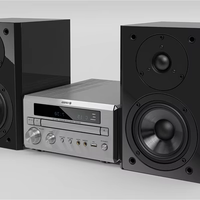 Home Audio Speaker System with Black Speakers Silver Receiver Digital Display Control Knobs 3d model