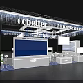 Modern Cobetter Exhibition Booth With Blue Lighting Display Screens White Counters And Green Plants
