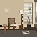 Elegant Accent Chair With Beige Wall Window Blinds Spiral Floor Lamp Side Table and Plant