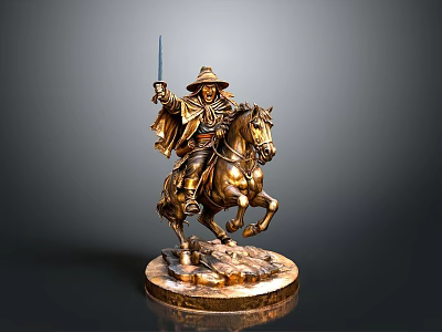 Bronze statue of man riding horse holding sword wearing hat and cloak on wooden base 3d model