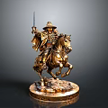 Bronze statue of man riding horse holding sword wearing hat and cloak on wooden base