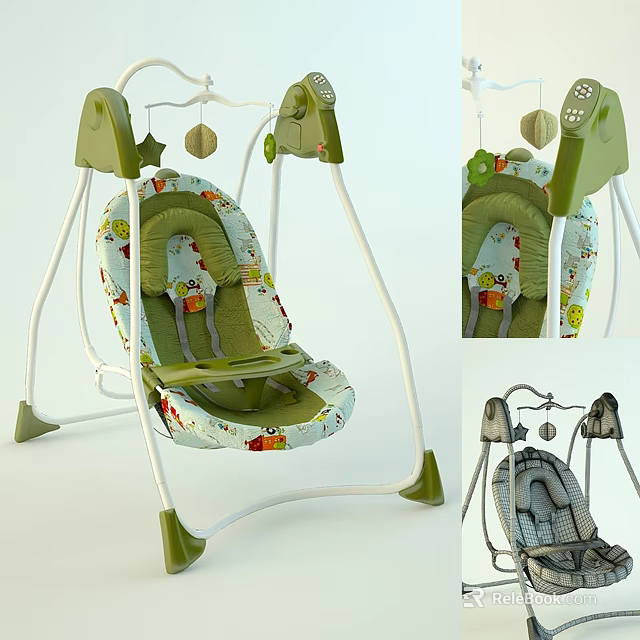 Green And White Children's Swing Chair With Cartoon Patterns And Stable Support Frame 3d model 