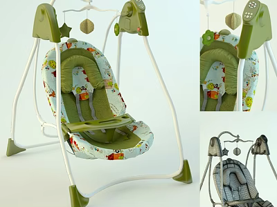 Green And White Children's Swing Chair With Cartoon Patterns And Stable Support Frame 3d model