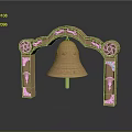 Brass Colored Arched Gate With Hanging Bell Carved Intricate Decorations And Shiny Reflections