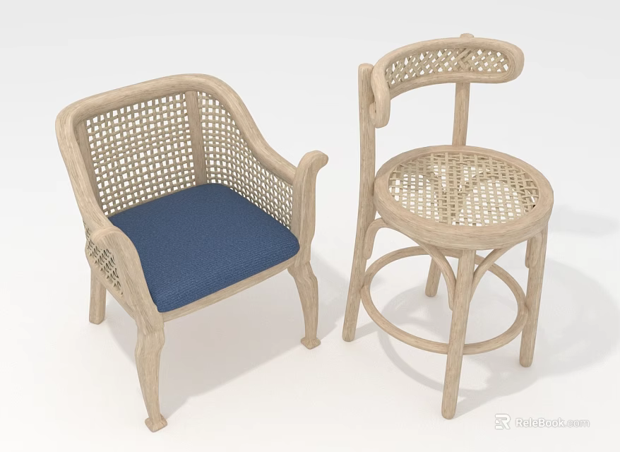 Wicker Armchair With Blue Cushion And Round Stool Rattan Weave Design 3d model 