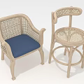 Wicker Armchair With Blue Cushion And Round Stool Rattan Weave Design