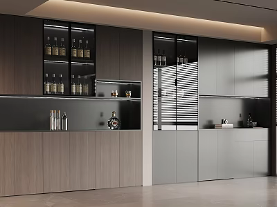 Modern Wine Cabinet Interior Design With Glass Doors Gray And Wooden Cabinets 3d model