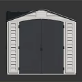 Residential Building With White Exterior Dark Blue Roof Double Doors Small Windows And Skylights