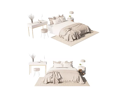 Minimalist Modern Bedroom Double Bed With Light Bedding Nightstand Table Lamp And Stool 3d model