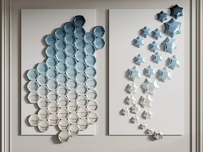 Modern Wall Decor with Hexagons Stars and Gradient Blue Silver on White Canvas 3d model