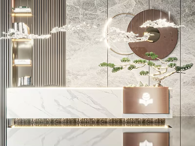 Modern Reception Desk Interior Design With Marble Countertop And Decorative Plant 3d model