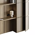 Wooden Decorative Cabinet With Grid Design Featuring Books Vase Painting And Table Lamp