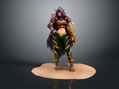 Female Fantasy Game Character With Ornate Purple Green Gold Armor Horned Helmet Cloak And Weapon 3d model
