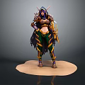 Female Fantasy Game Character With Ornate Purple Green Gold Armor Horned Helmet Cloak And Weapon