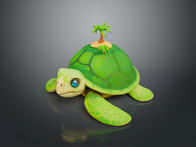 Realistic 3D Rendering Of Green Sea Turtle With Small Palm Tree On Shell 3d model