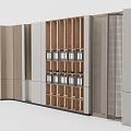 Modern Background Wall Design With Wooden Grid Shelves And Striped Panels
