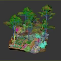 Cartoon Scenic Diorama with Small Cabin Autumn Trees Rocks and Green Plants