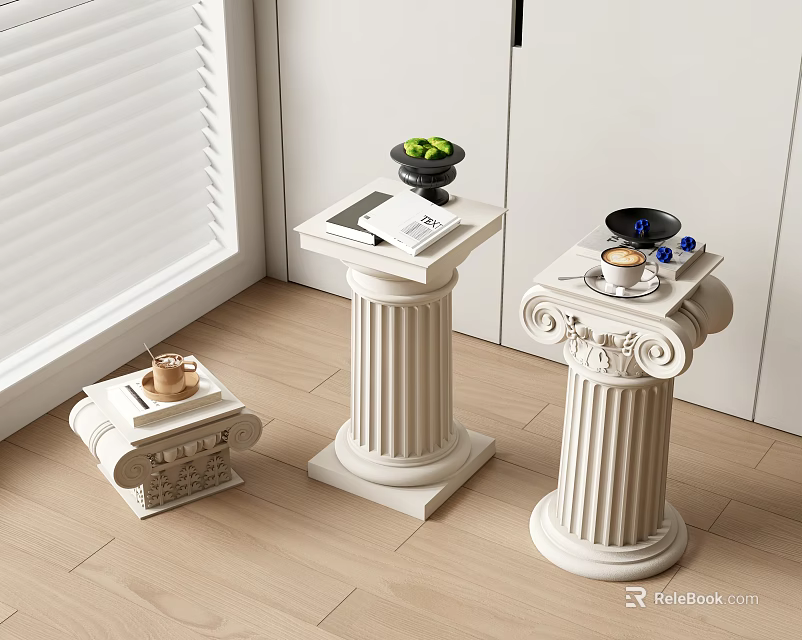 Classical White Side Tables With Column Design And Decorative Items Near Window 3d model