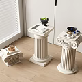 Classical White Side Tables With Column Design And Decorative Items Near Window 3d model