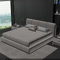 Modern Double Bed in Bedroom with Wooden Wall Area Rug Nightstands and Bright Window View