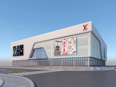 Elegant Modern LV Store Building With Glass Curtain Wall And Advertising Billboards 3d model