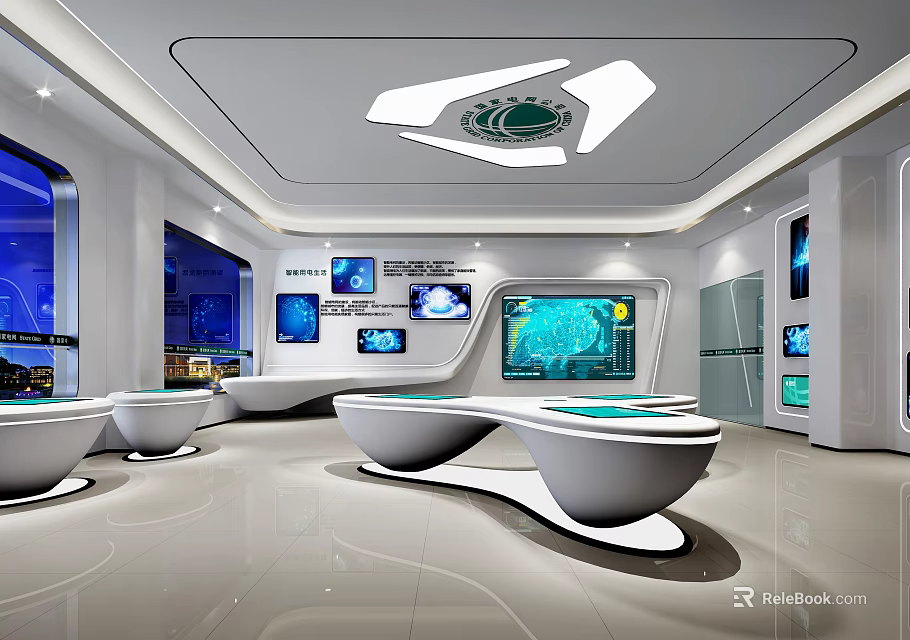Modern Tech Exhibition Hall With Curved Display Counters Smart Screens And Futuristic Ceiling Design 3d model 