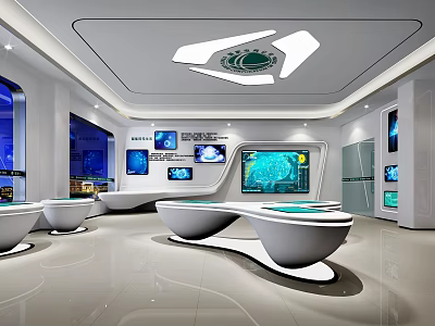Modern Tech Exhibition Hall With Curved Display Counters Smart Screens And Futuristic Ceiling Design 3d model