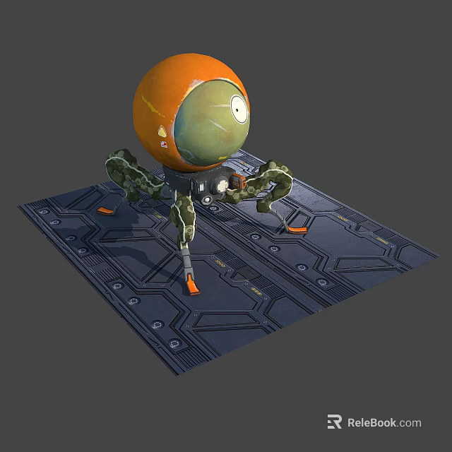 Orange Sphere Creature With Green Eye And Mechanical Legs On Blue Geometric Platform 3d model 