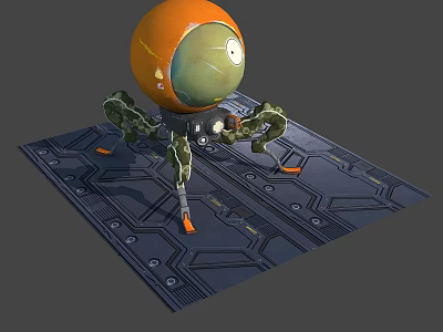 Orange Sphere Creature With Green Eye And Mechanical Legs On Blue Geometric Platform 3d model