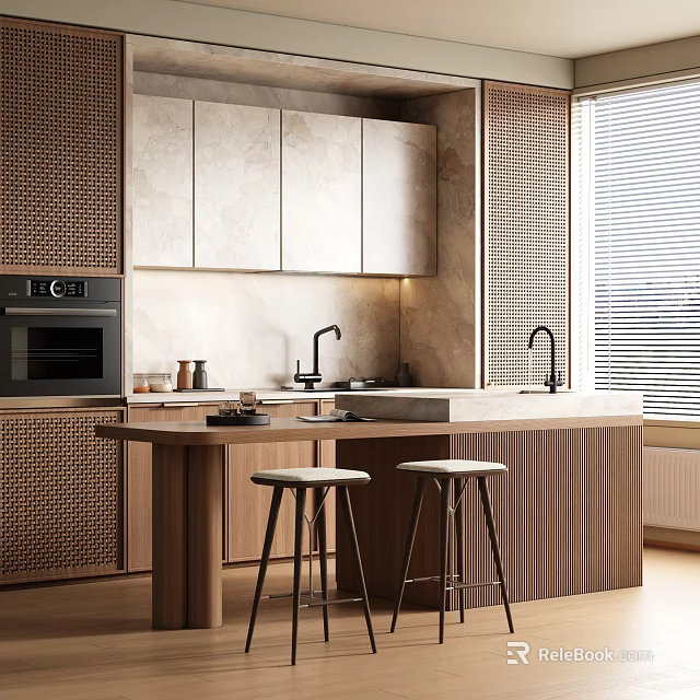 Modern Kitchen Bar Area With Marble Countertop Stools Cabinets And Faucet 3d model 
