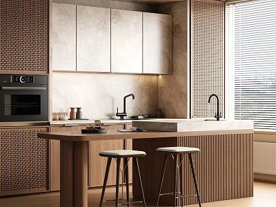 Modern Kitchen Bar Area With Marble Countertop Stools Cabinets And Faucet 3d model