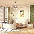 Green Bedroom With Upholstered Headboard Quilt Pillows Window Blinds Wall Art Nightstand And Checkered Rug